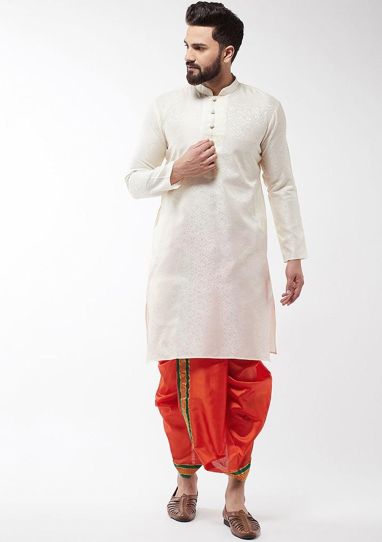 Orange Solid Poly Blend Dhoti For Men