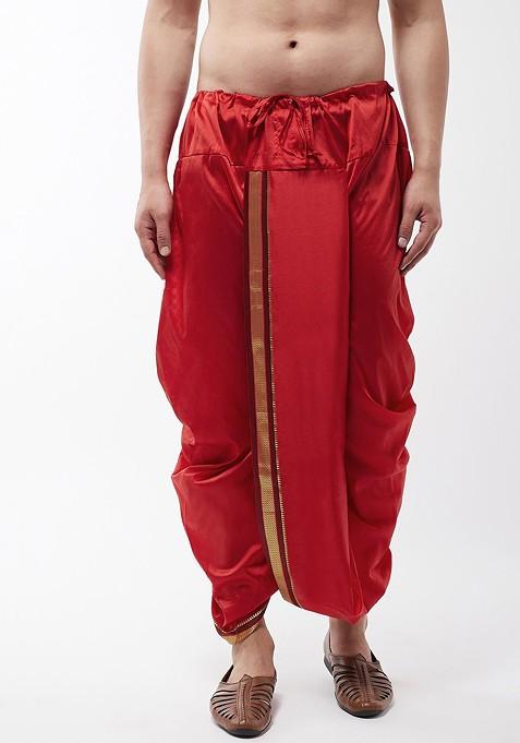 Maroon Solid Poly Blend Dhoti For Men