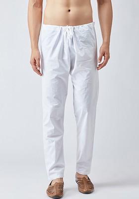 White Solid Poly Blend Churidar For Men