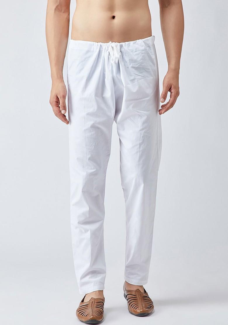 White Solid Poly Blend Churidar For Men