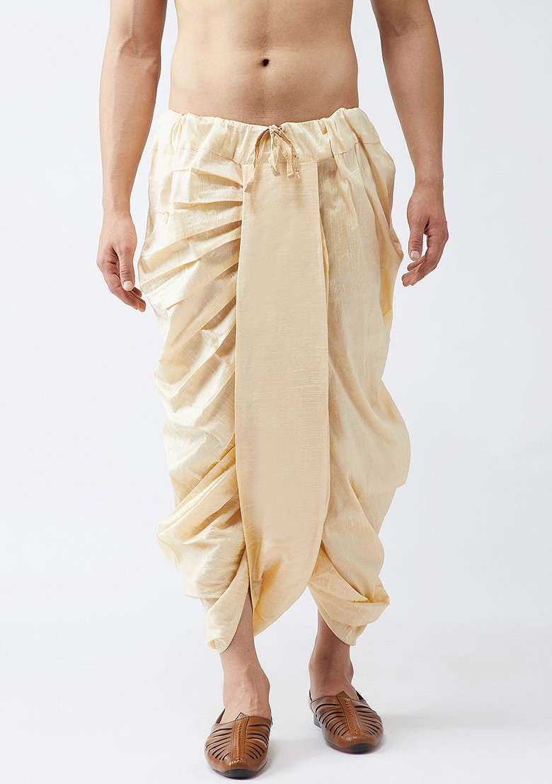Beige Solid Poly Blend Dhoti For Men - Indya