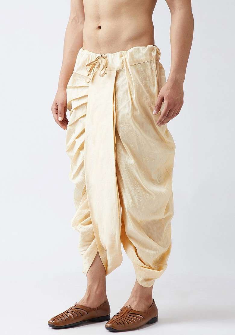 Beige Solid Poly Blend Dhoti For Men - Indya