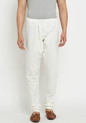 Off White Solid Silk Churidar For Men