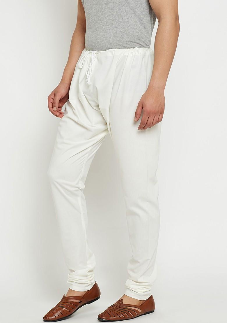 Off White Solid Silk Churidar For Men