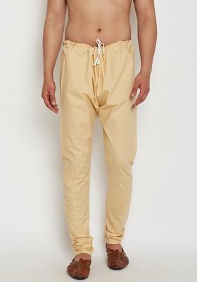 Beige Solid Silk Churidar For Men