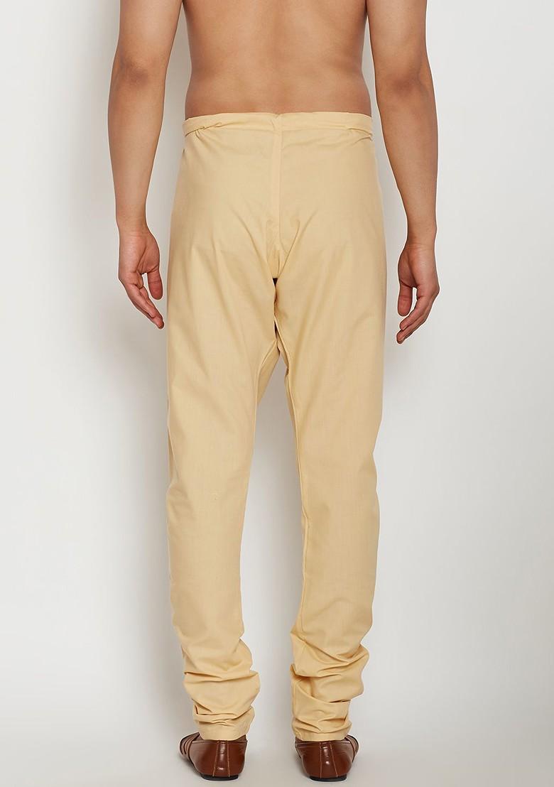 Beige Solid Silk Churidar For Men