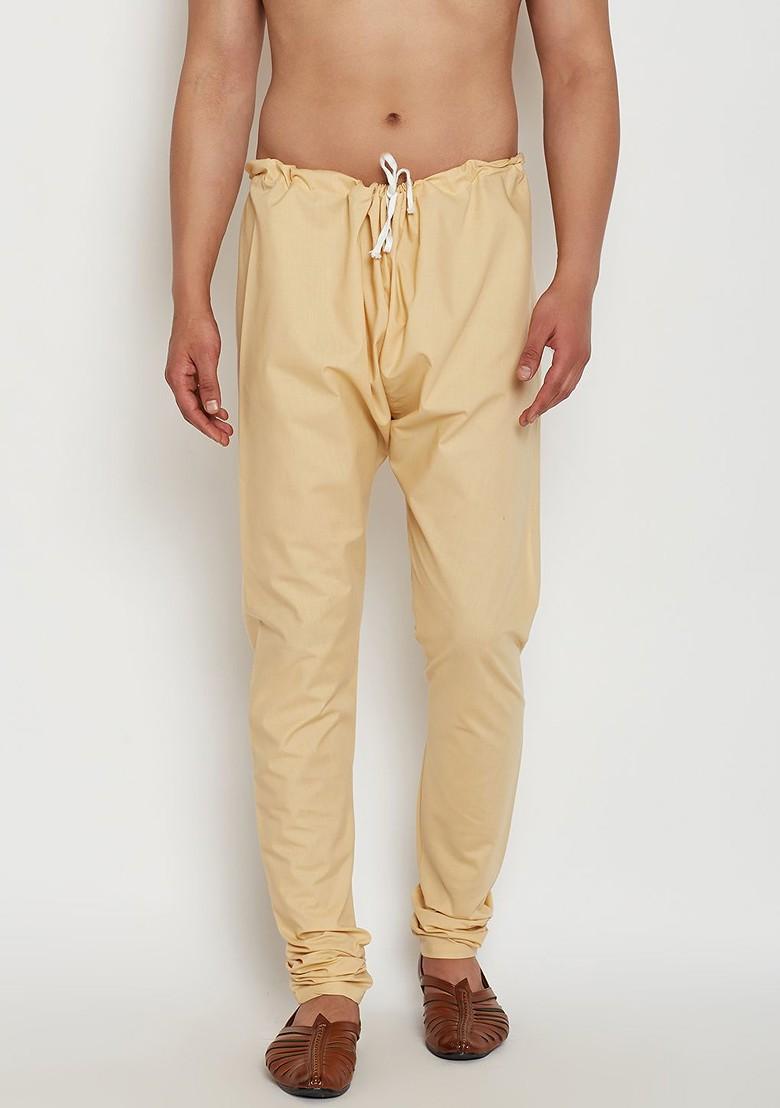 Beige Solid Silk Churidar For Men