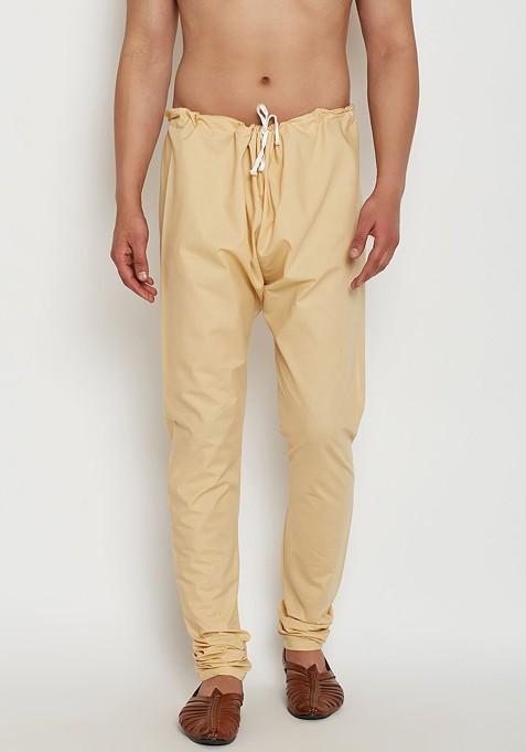 Beige Solid Silk Churidar For Men