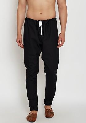 Black Solid Silk Churidar For Men