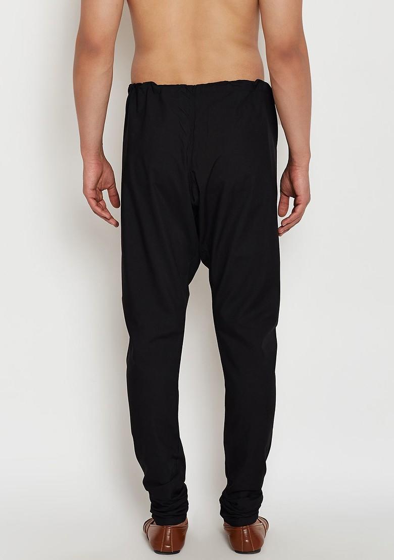 Black Solid Silk Churidar For Men