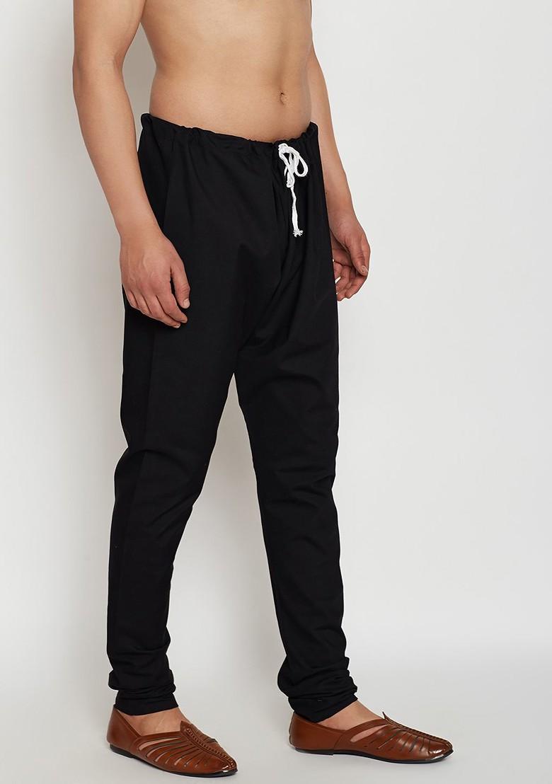 Black Solid Silk Churidar For Men