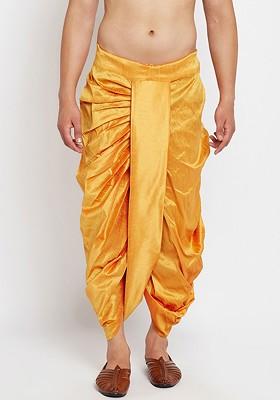 Mustard Solid Poly Blend Dhoti For Men