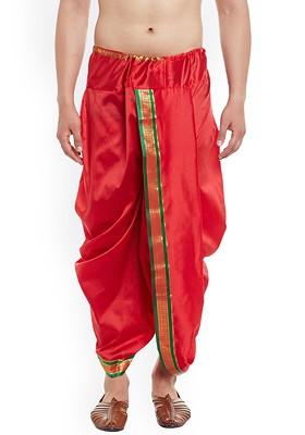 Red Solid Poly Blend Dhoti For Men