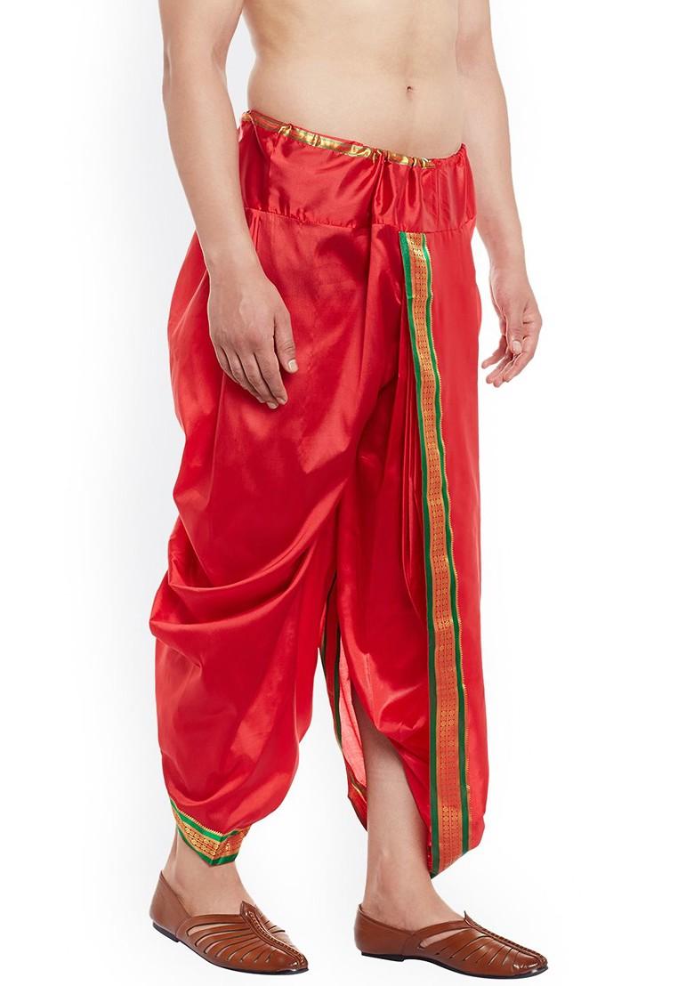 Red Solid Poly Blend Dhoti For Men