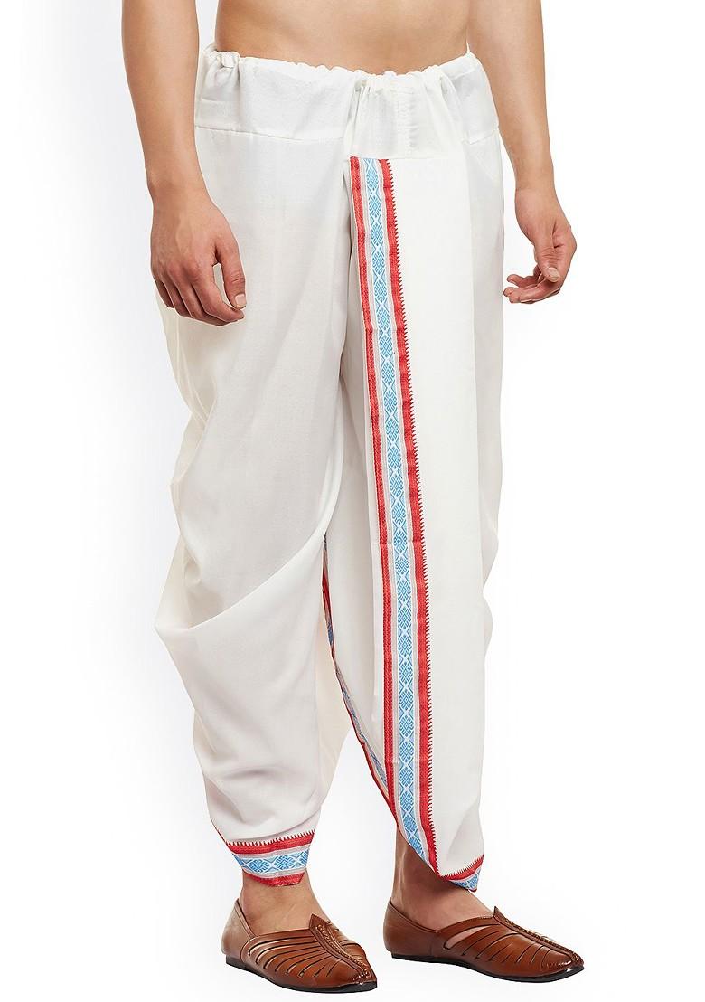 White Solid Poly Blend Dhoti For Men
