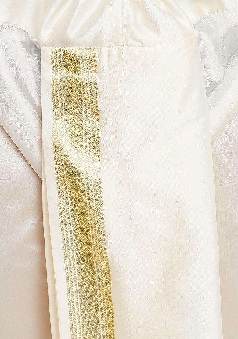 Off White Solid Poly Blend Dhoti For Men
