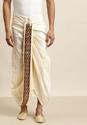 Off White Solid Poly Blend Dhoti For Men