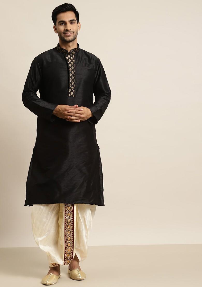 Off White Solid Poly Blend Dhoti For Men