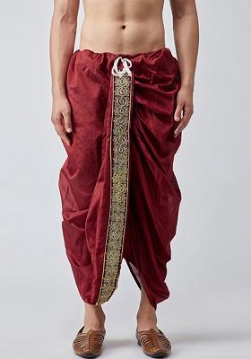 Maroon Solid Poly Blend Dhoti For Men