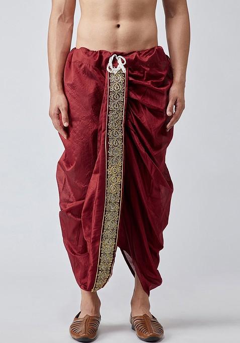 Maroon Solid Poly Blend Dhoti For Men