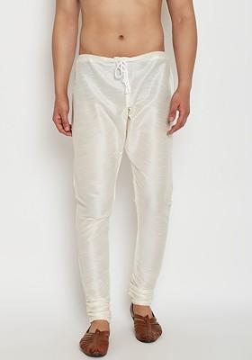 Off White Solid Silk Churidar For Men