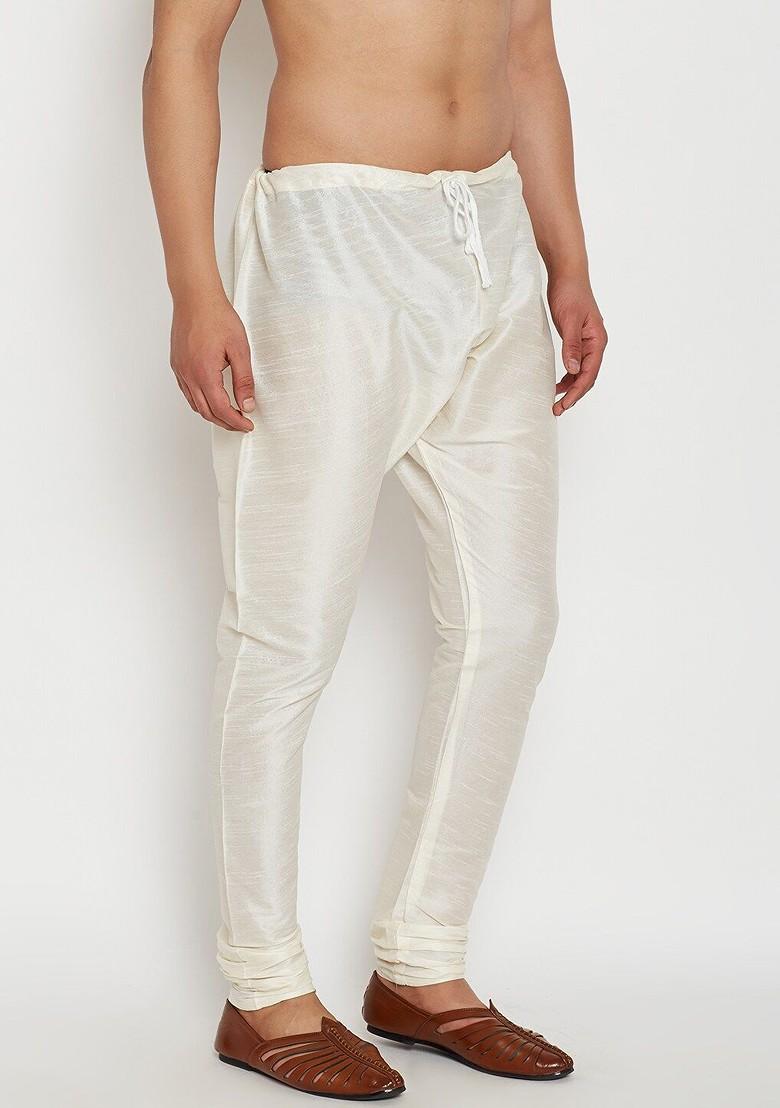 Off White Solid Silk Churidar For Men