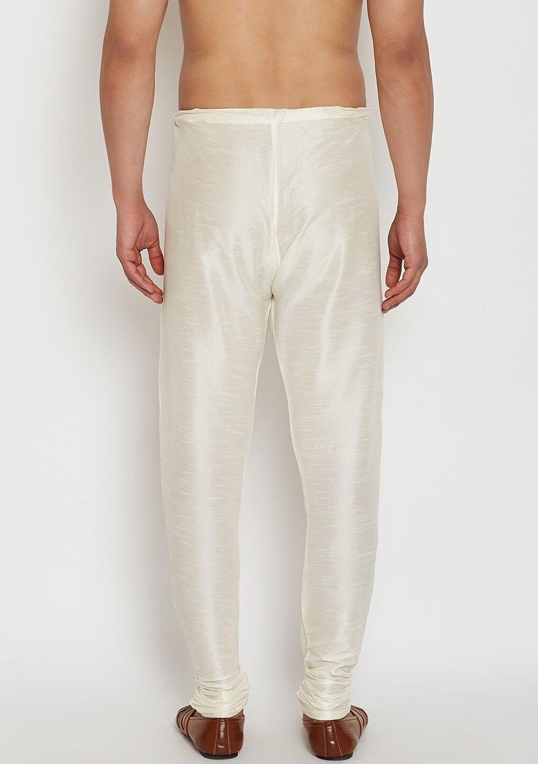 Off White Solid Silk Churidar For Men