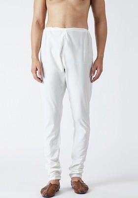 White Solid Poly Blend Churidar For Men