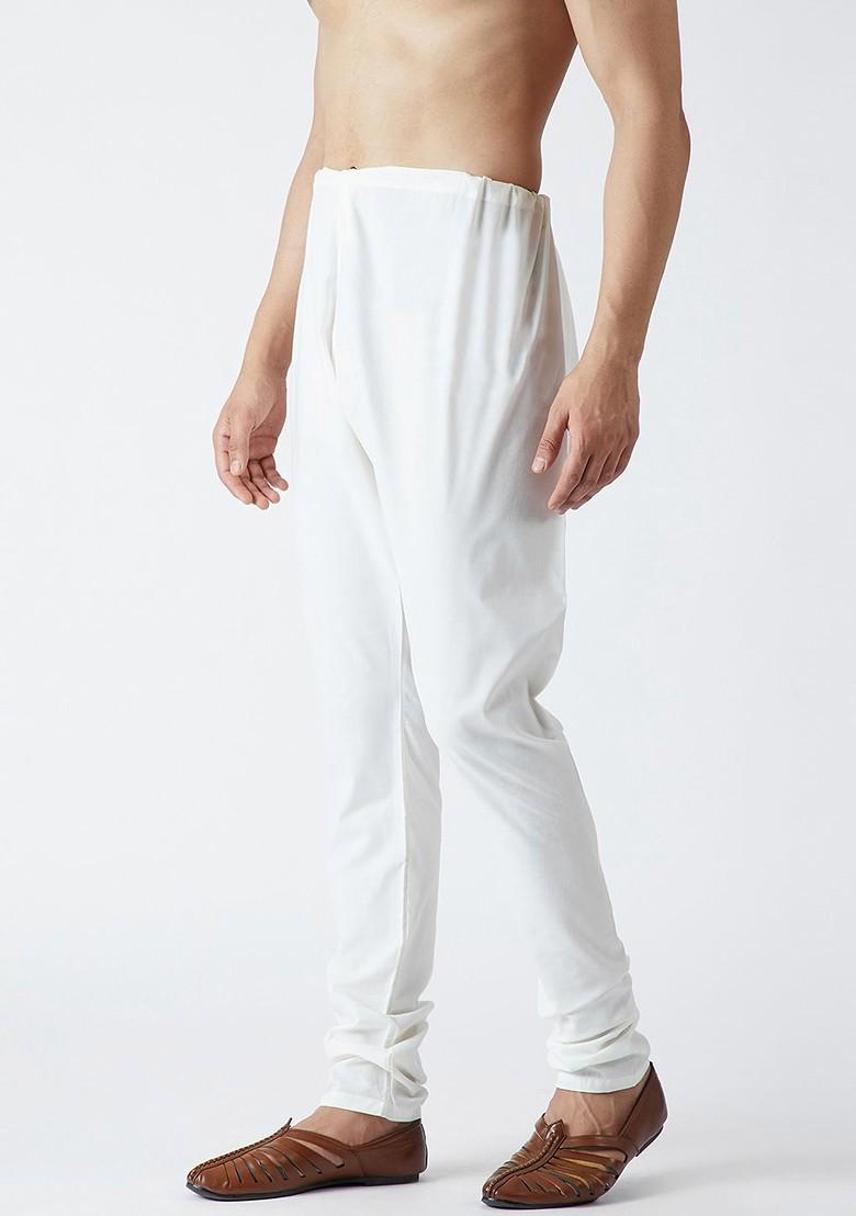 White Solid Poly Blend Churidar For Men