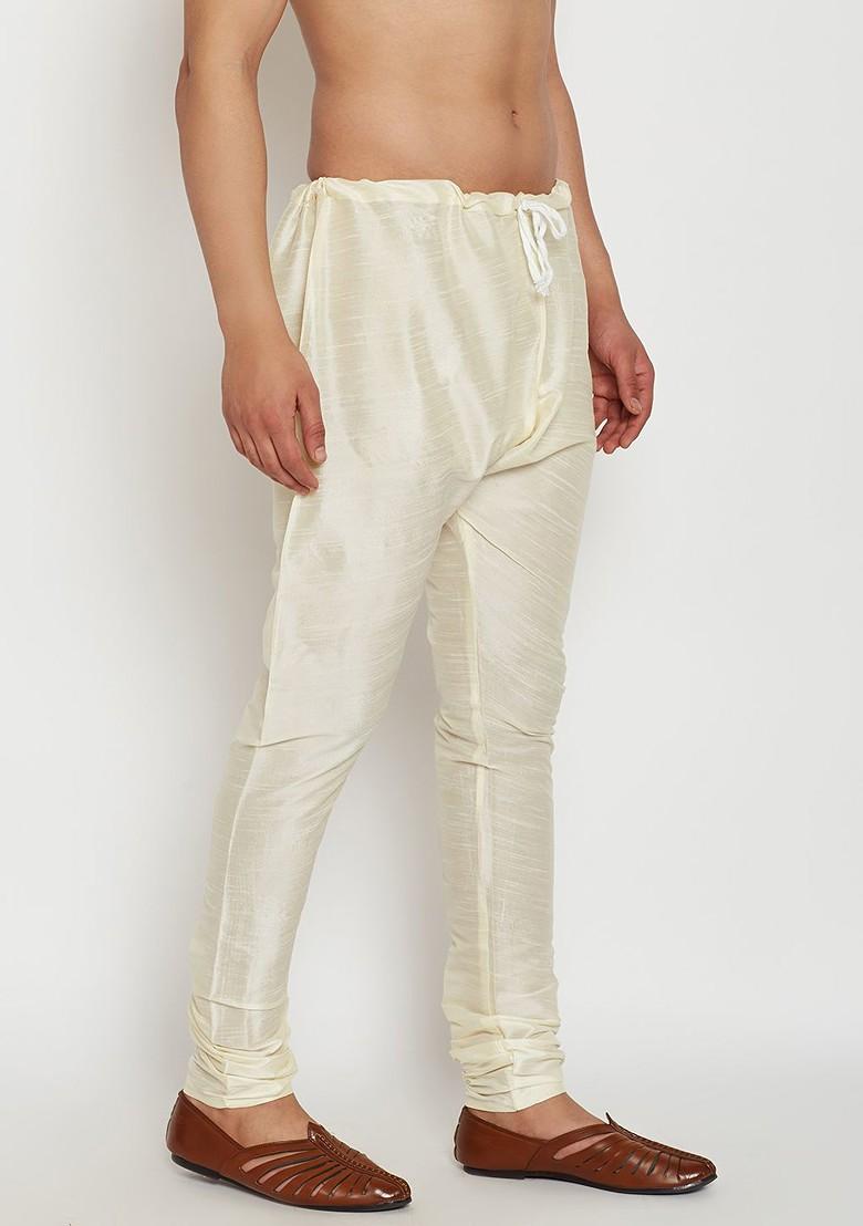 Cream Solid Silk Churidar For Men