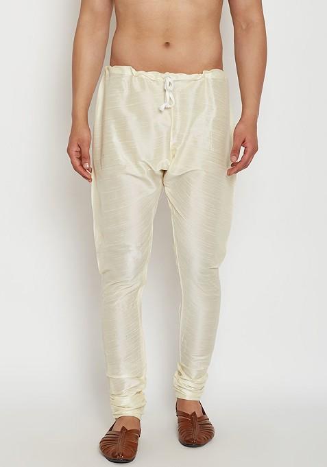 Cream Solid Silk Churidar For Men