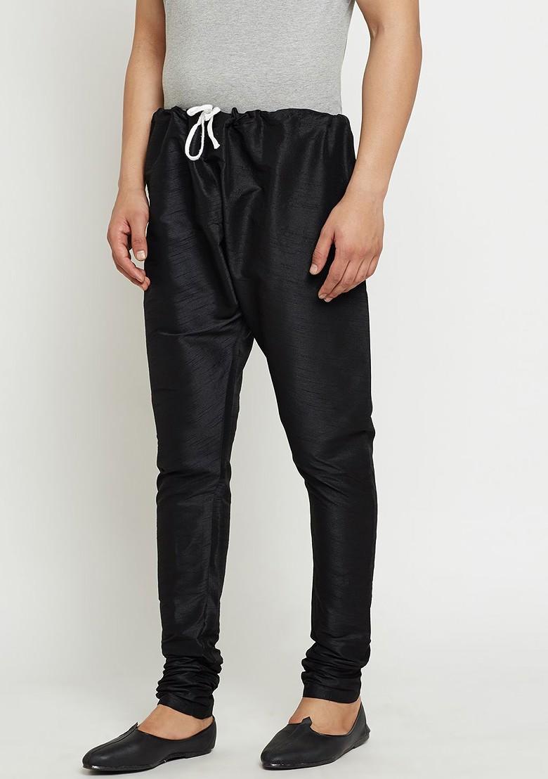 Black Solid Silk Churidar For Men