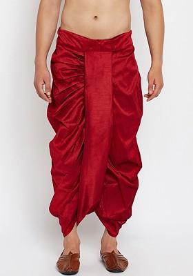 Maroon Solid Poly Blend Dhoti For Men