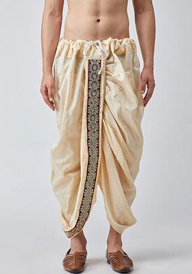 Beige Solid Poly Blend Dhoti For Men