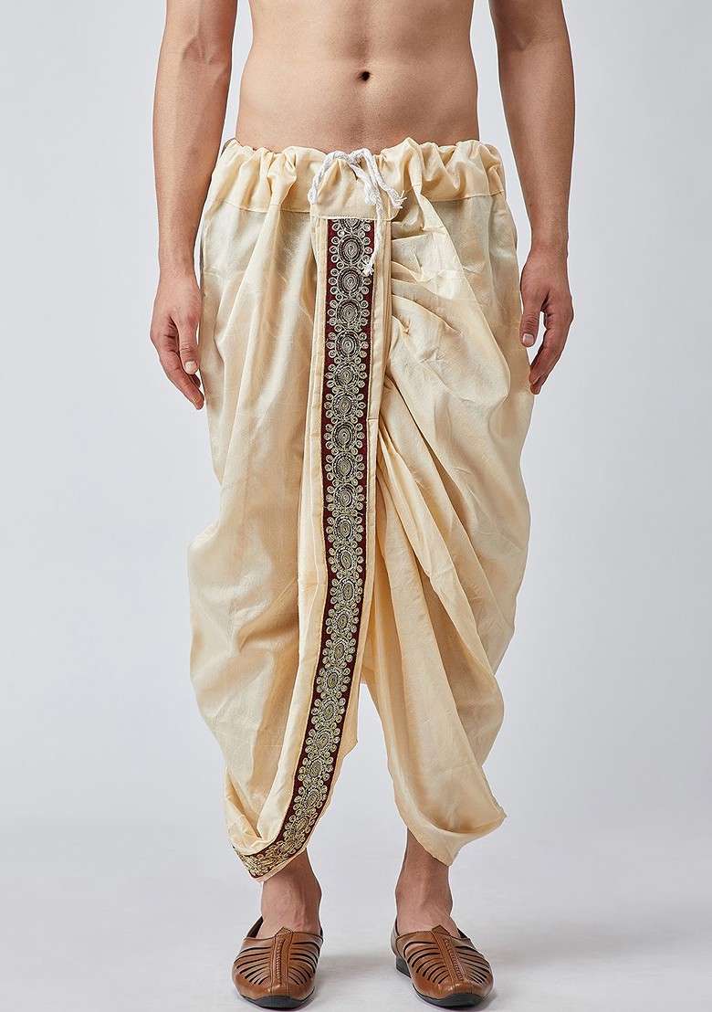 Beige Solid Poly Blend Dhoti For Men - Indya