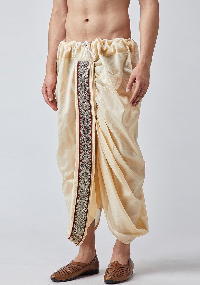 Beige Solid Poly Blend Dhoti For Men