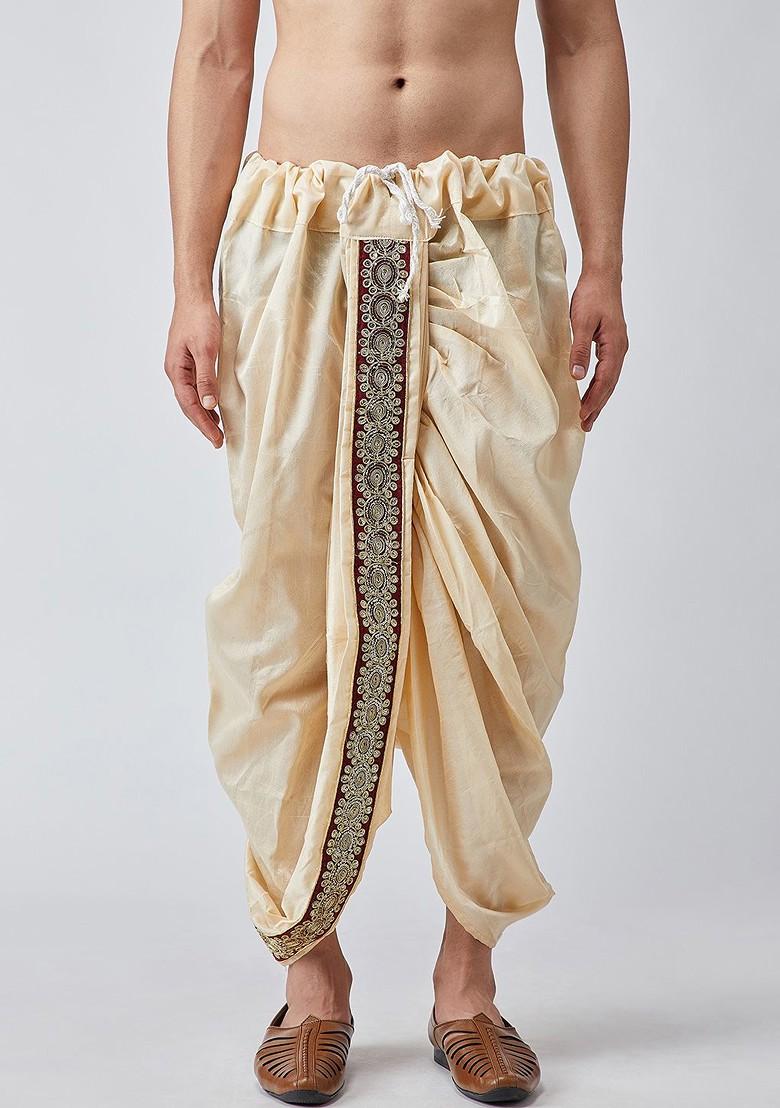 Beige Solid Poly Blend Dhoti For Men