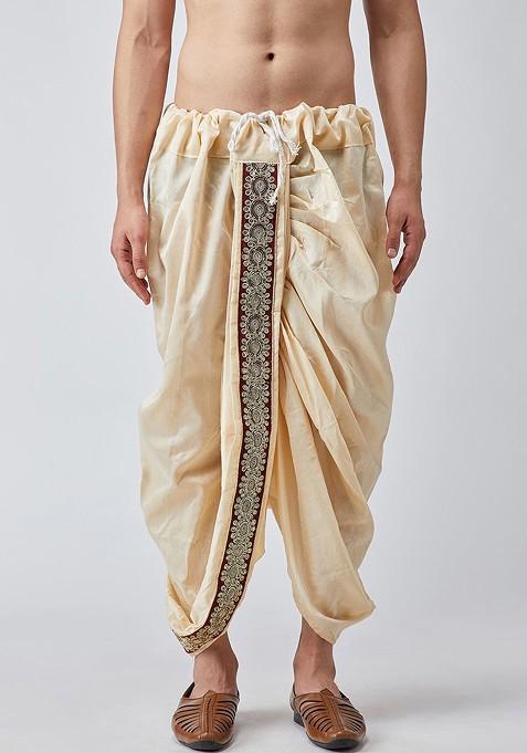 Beige Solid Poly Blend Dhoti For Men