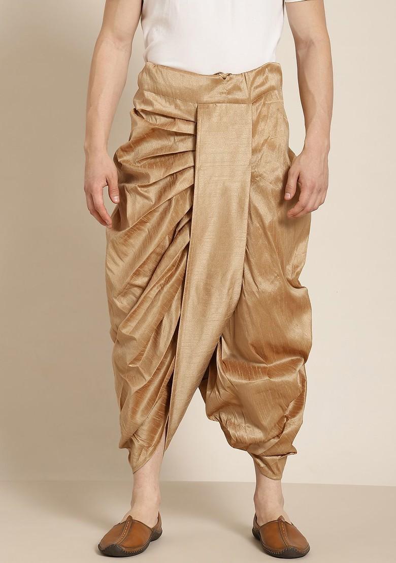 Gold Solid Poly Blend Dhoti For Men