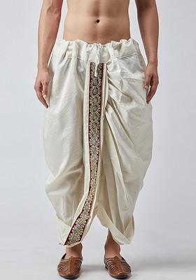 Cream Solid Poly Blend Dhoti For Men