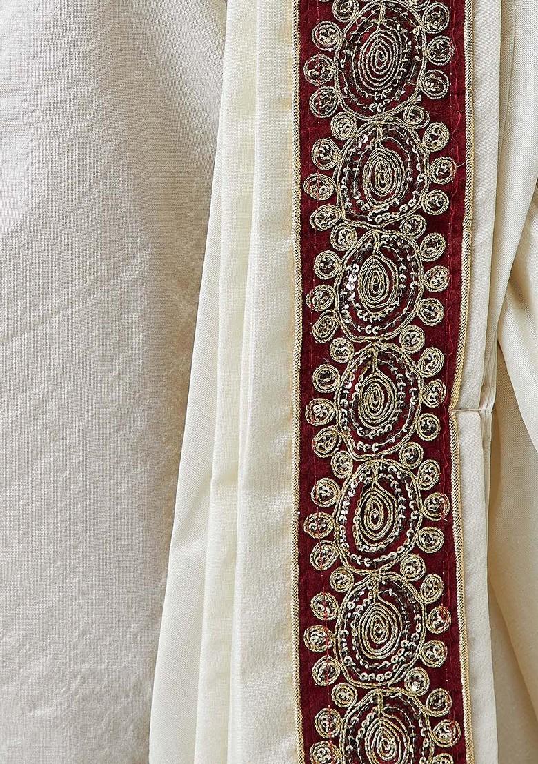 Cream Solid Poly Blend Dhoti For Men