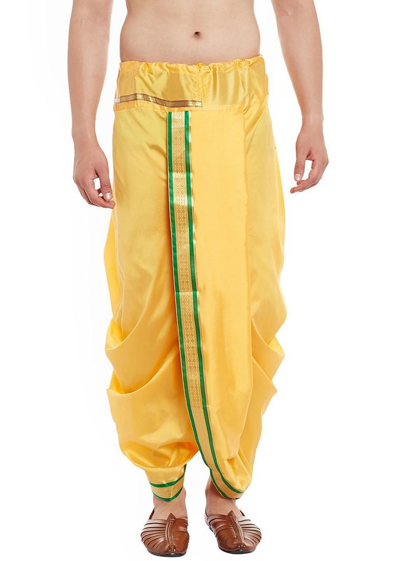 Yellow Solid Poly Blend Dhoti For Men
