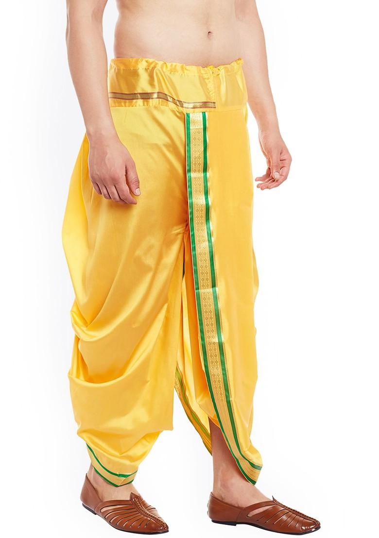 Yellow Solid Poly Blend Dhoti For Men