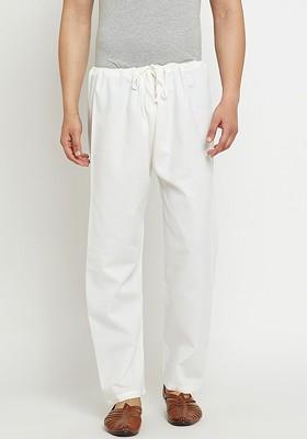 Off White Solid Silk Churidar For Men