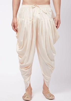Cream Solid Poly Blend Dhoti For Men