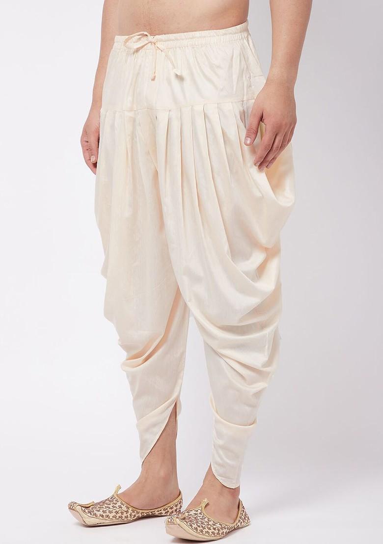 Cream Solid Poly Blend Dhoti For Men