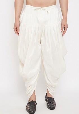 Cream Solid Poly Blend Dhoti For Men
