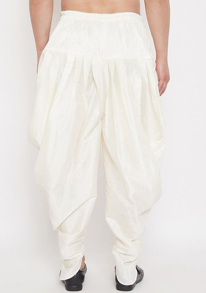 Cream Solid Poly Blend Dhoti For Men