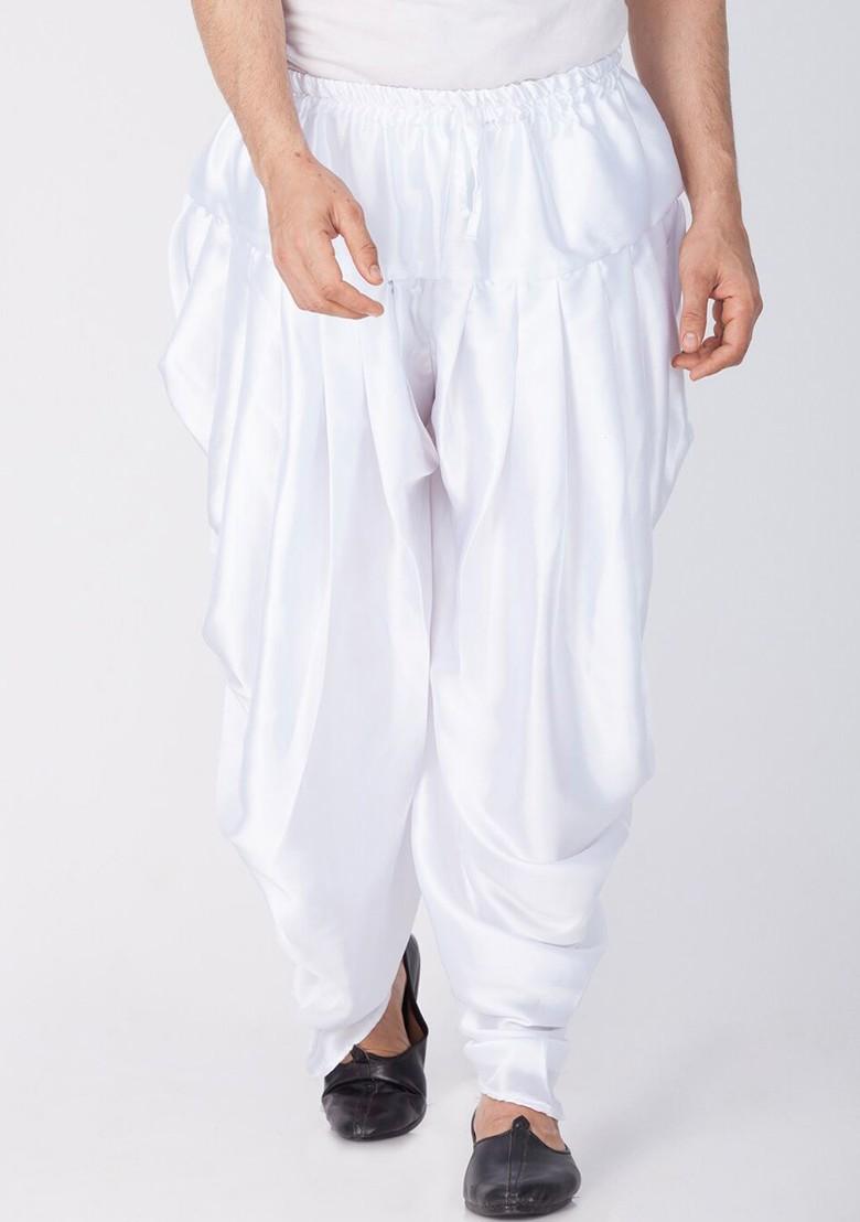 White Solid Poly Blend Dhoti For Men