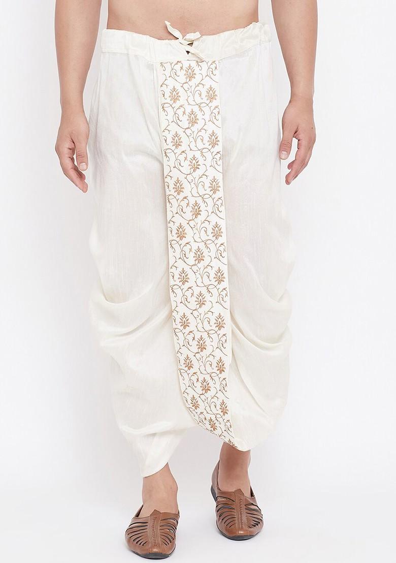 Cream Embroidered Poly Blend Dhoti For Men